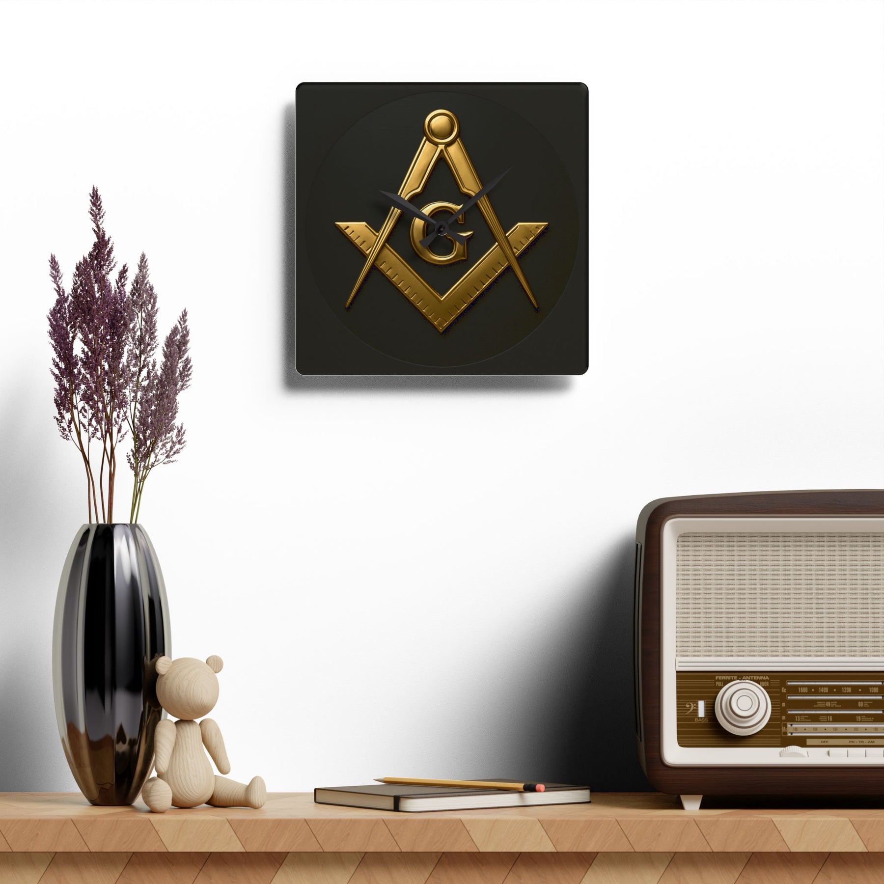 Master Mason Blue Lodge Clock - Square & Compass G Center Piece on Acrylic - Bricks Masons