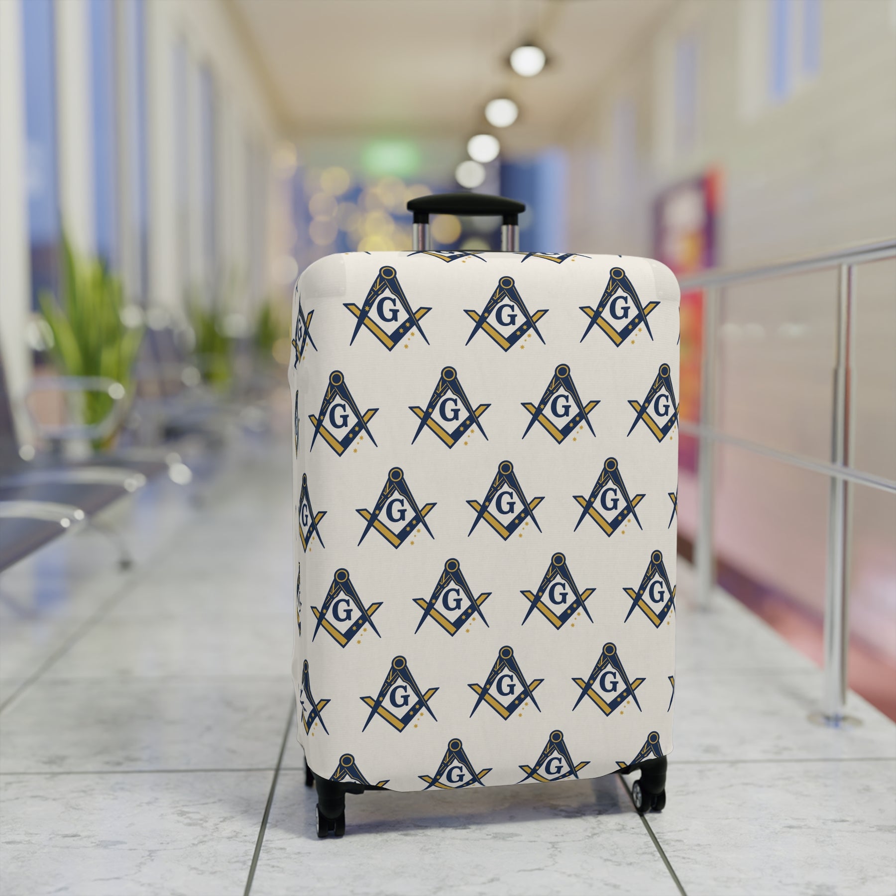 Master Mason Blue Lodge Luggage Cover - Square & Compasses with G Emblem Print