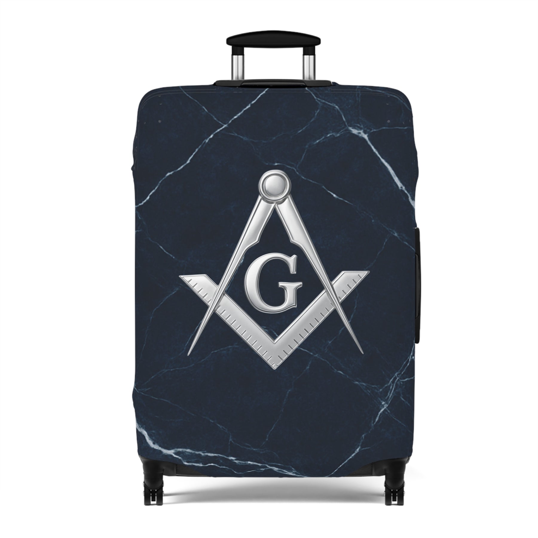 Master Mason Blue Lodge Luggage Cover - Silver Square & Compasses with G Emblem