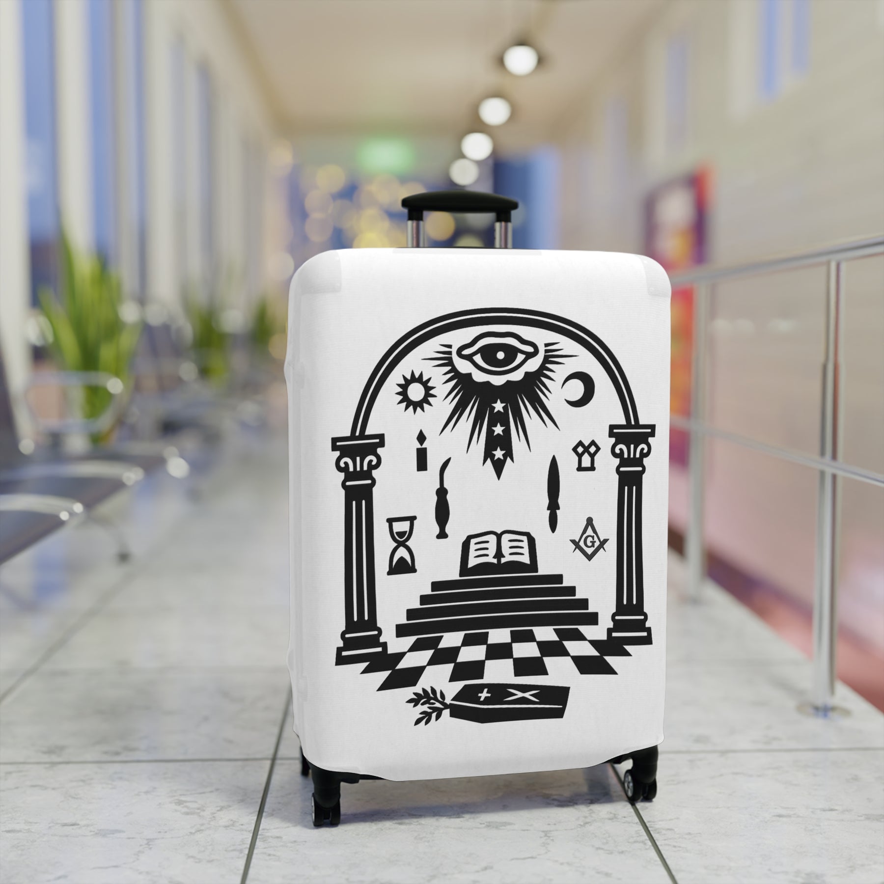 Master Mason Blue Lodge Luggage Cover - Temple Scene with Square & Compass