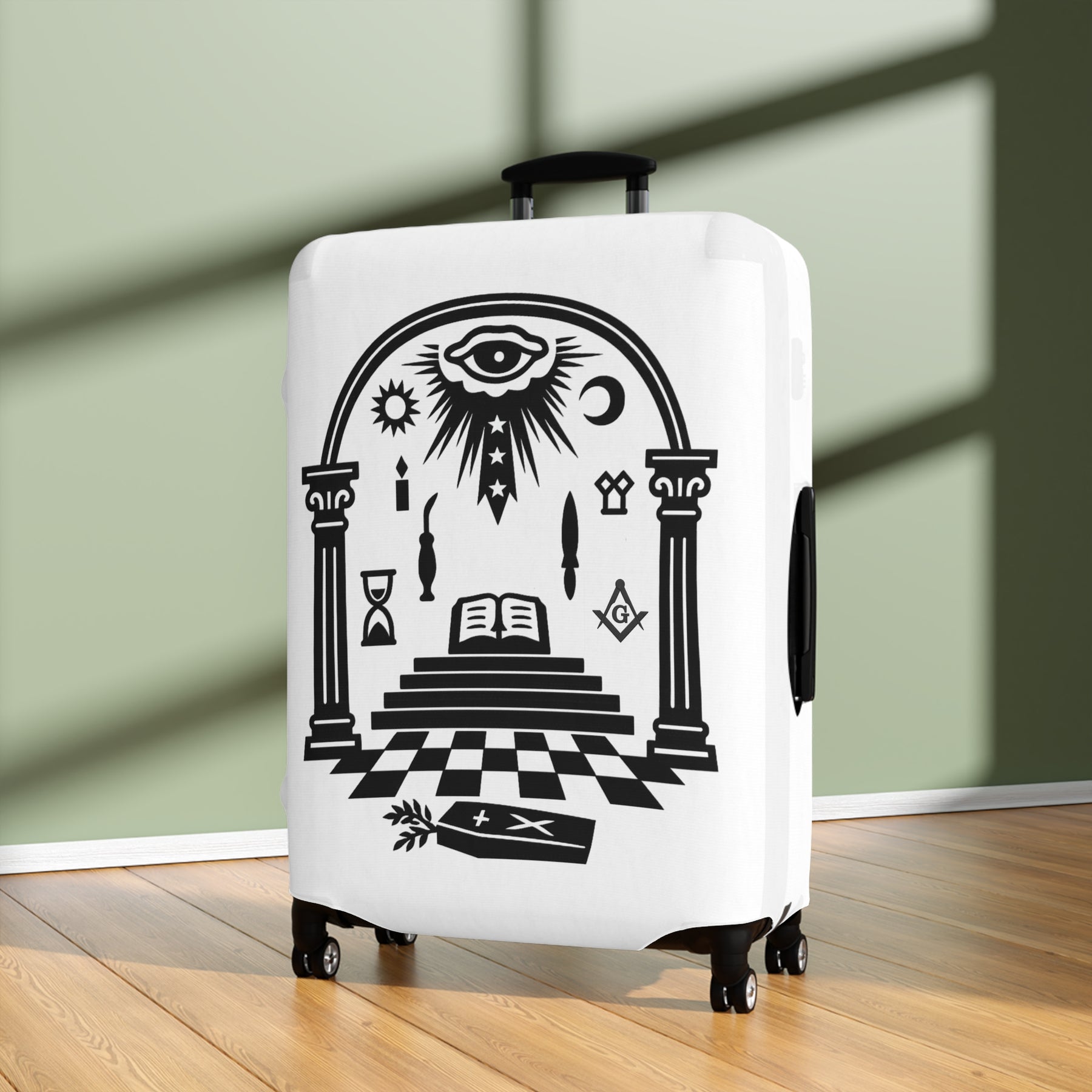 Master Mason Blue Lodge Luggage Cover - Temple Scene with Square & Compass