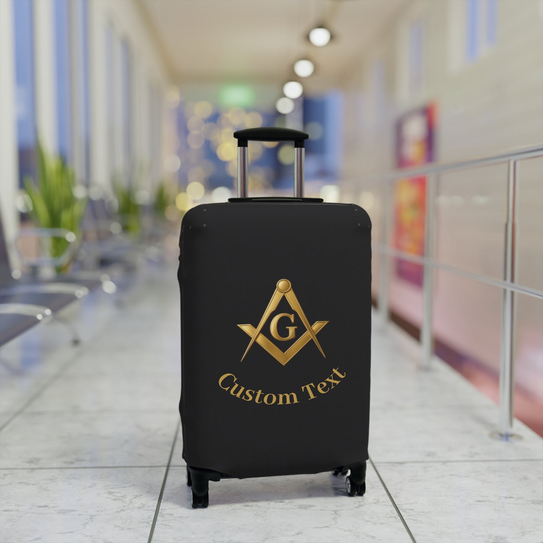 Master Mason Blue Lodge Luggage Cover - Gold Square & Compass G with Custom Text