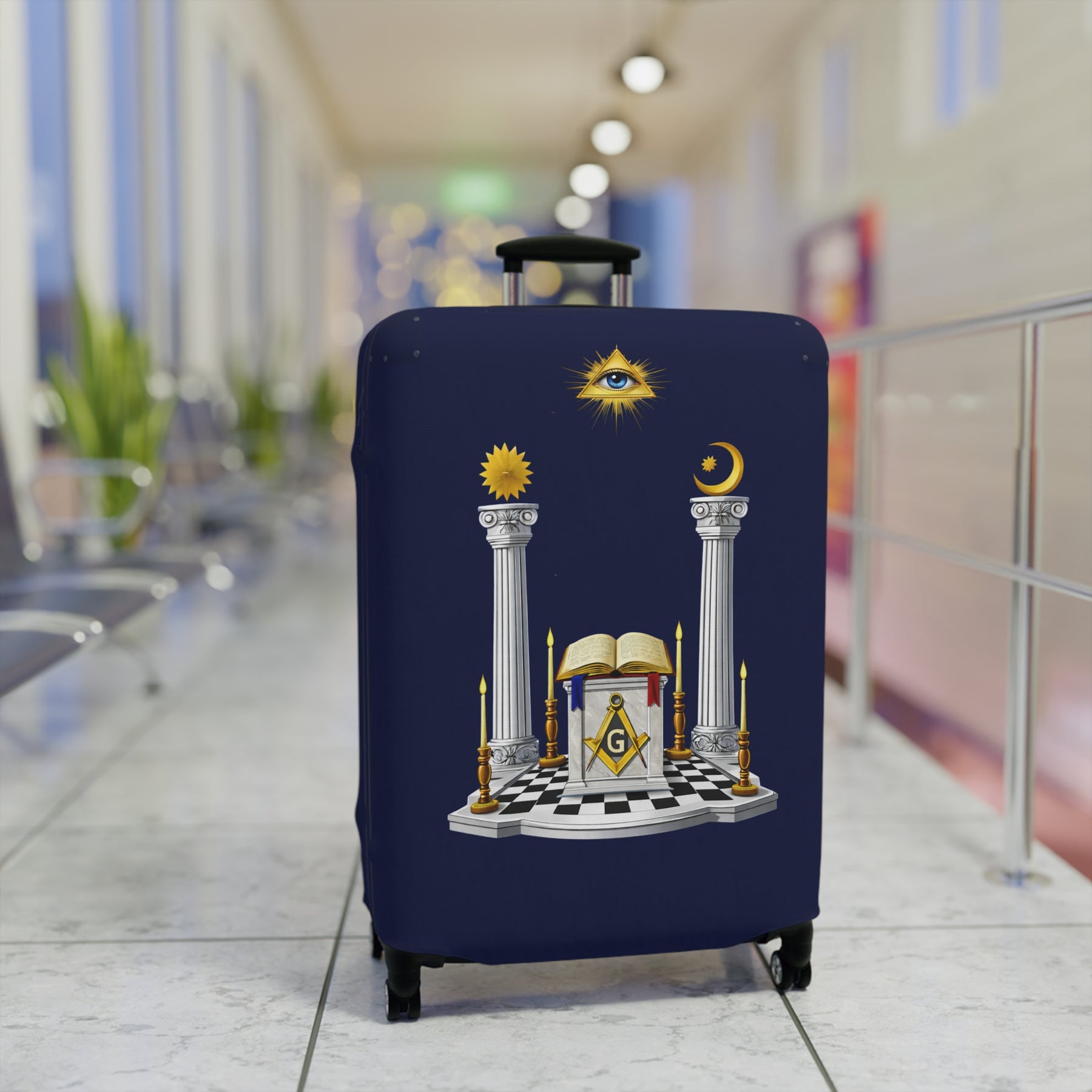 Master Mason Blue Lodge Luggage Cover - S&C G Altar Pillars & Eye On Checkered Floor