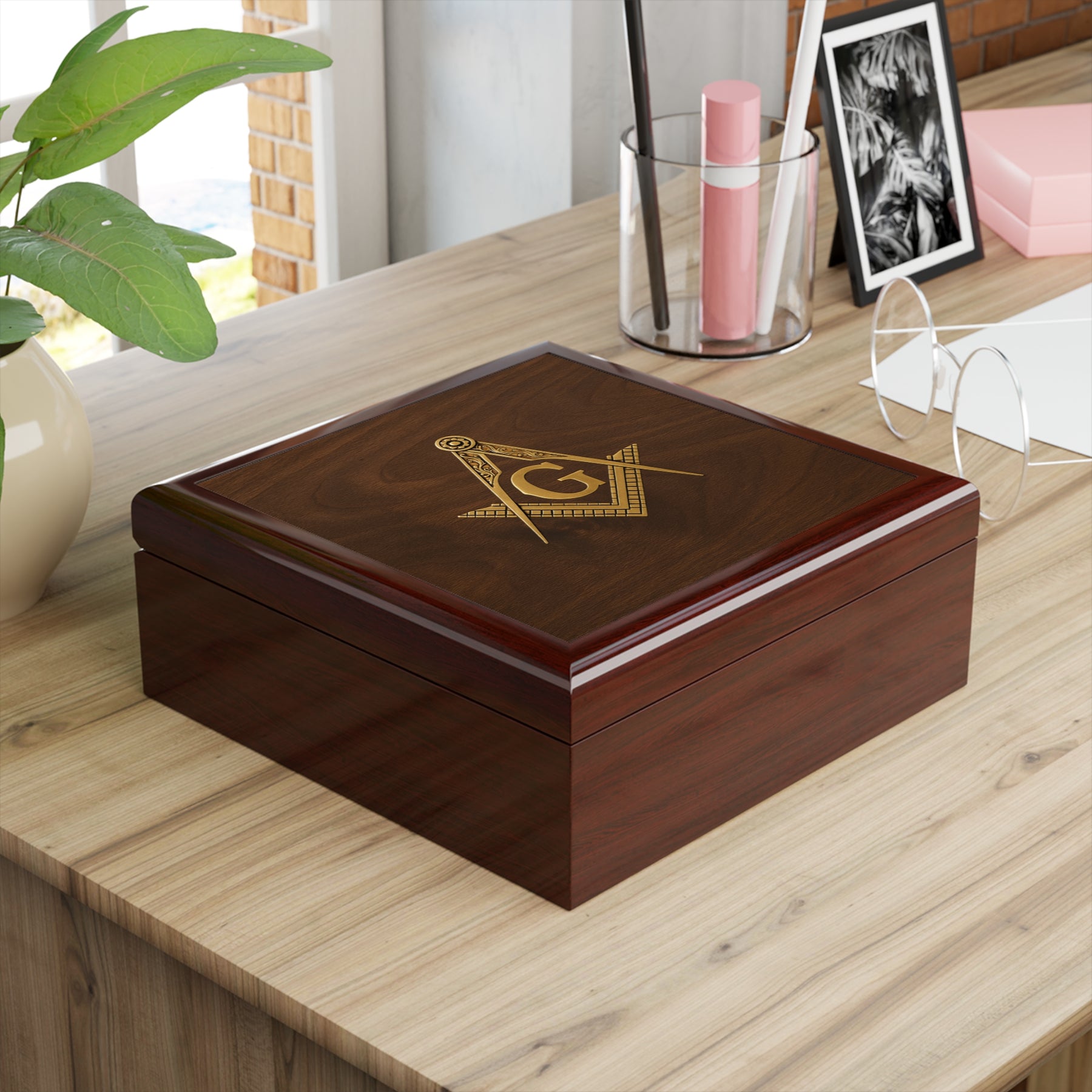 Master Mason Blue Lodge Jewelry Box - Gold Square & Compasses with G Emblem