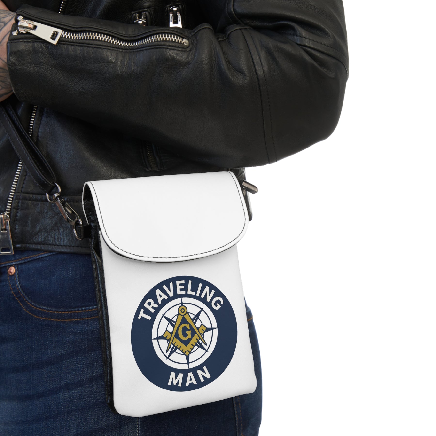 Master Mason Blue Lodge Cell Phone Wallet - Traveling Man Microfiber Leather - Bricks Masons
