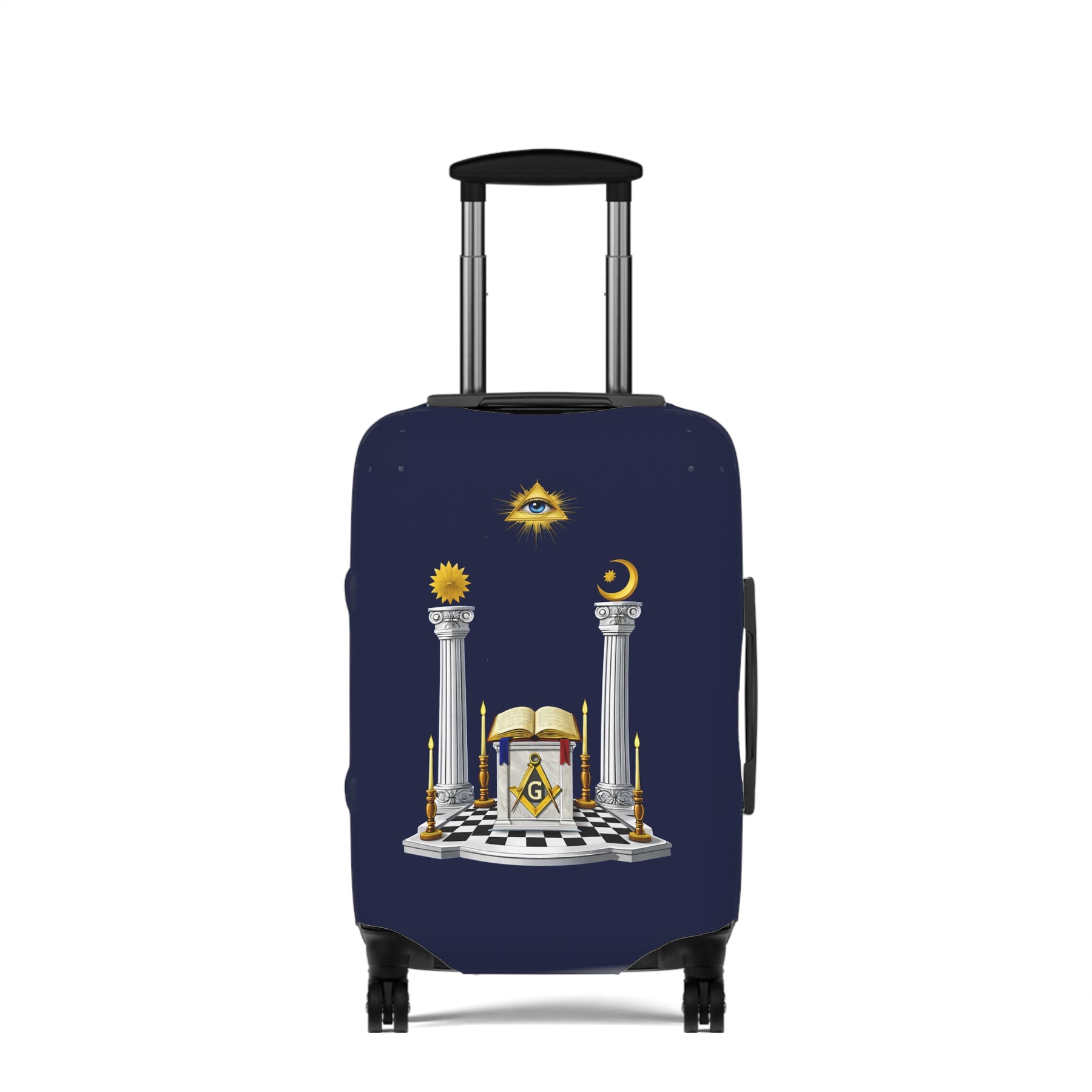 Master Mason Blue Lodge Luggage Cover - S&C G Altar Pillars & Eye On Checkered Floor