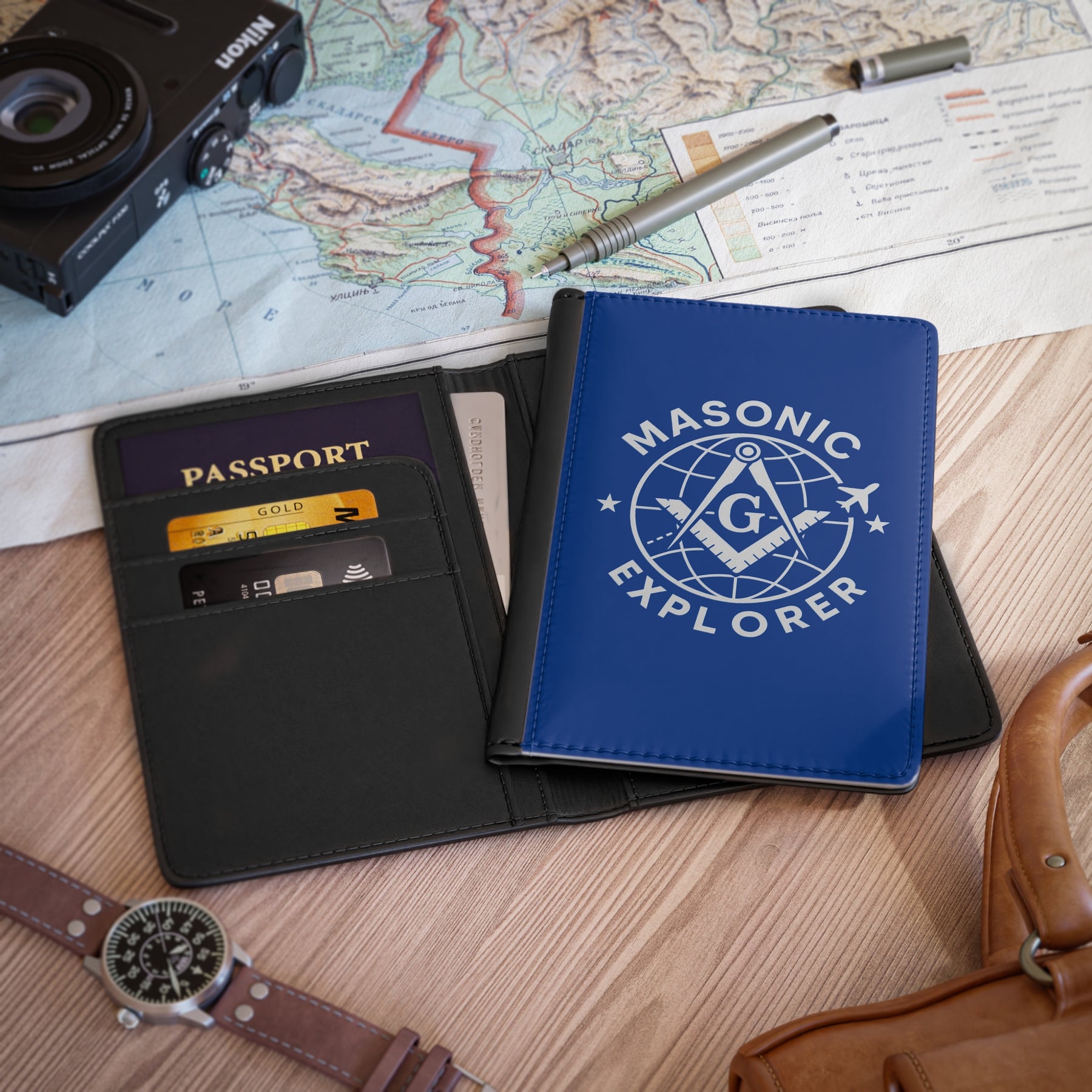 Master Mason Blue Lodge Passport Cover - Blue Masonic Explorer PU Leather - Bricks Masons