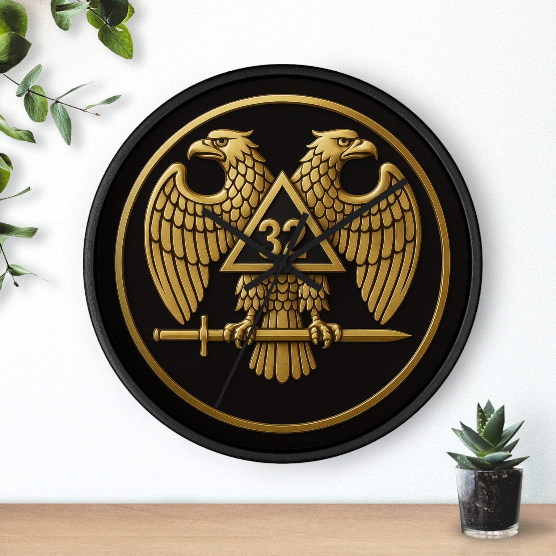 32nd Degree Scottish Rite Clock - Double Headed Eagle Emblem on Wood Frame - Bricks Masons