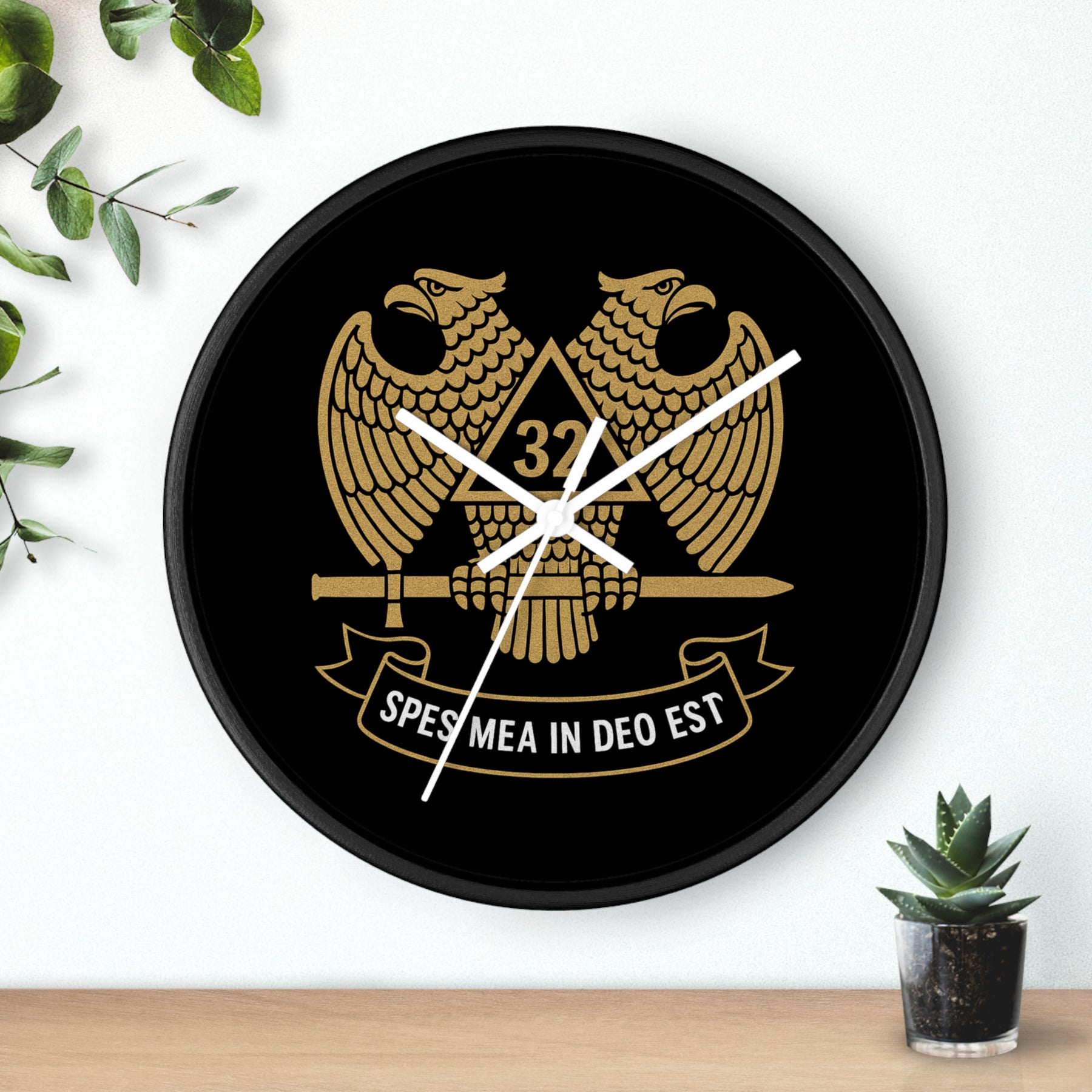 32nd Degree Scottish Rite Clock - Double Headed Eagle on Black Dial with Motto - Bricks Masons