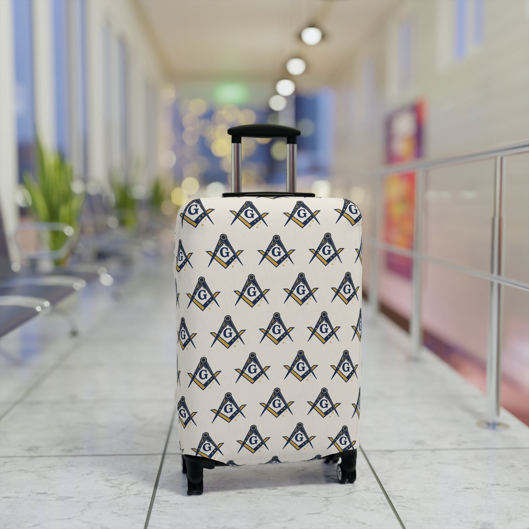 Master Mason Blue Lodge Luggage Cover - Square & Compasses with G Emblem Print