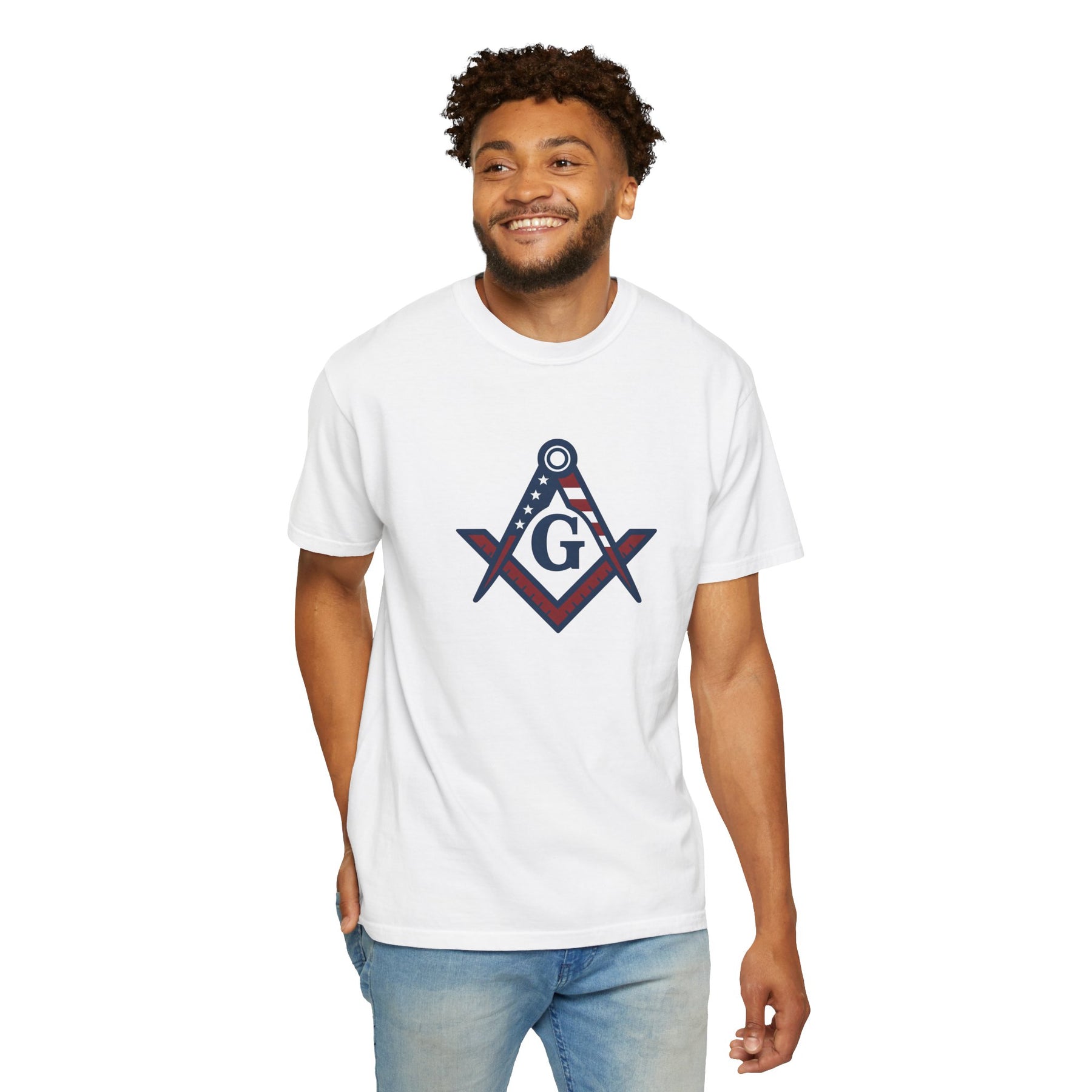 Master Mason Blue Lodge T-Shirt - Garment-Dyed USA Flag Mason - Bricks Masons