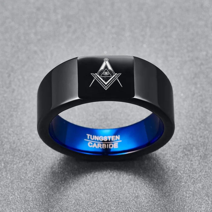 Master Mason Blue Lodge Ring - Black & Blue Tungsten Personalizable - Bricks Masons