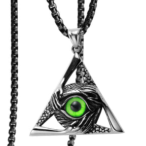 Eye Of Providence Necklace - Silver Stainless Steel Green All Seeing Eye Pendant - Bricks Masons