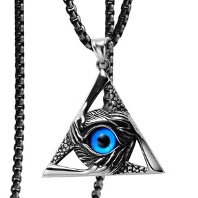 Eye Of Providence Necklace - Silver Stainless Steel Blue All Seeing Eye Pendant - Bricks Masons