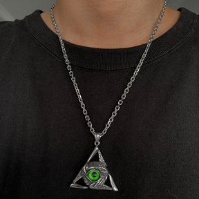 Eye Of Providence Necklace - Silver Stainless Steel Green All Seeing Eye Pendant - Bricks Masons