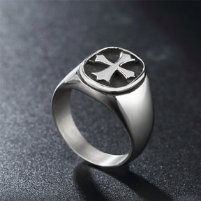 Knights Templar Commandery Ring - Silver With Cross Titanium Steel - Bricks Masons