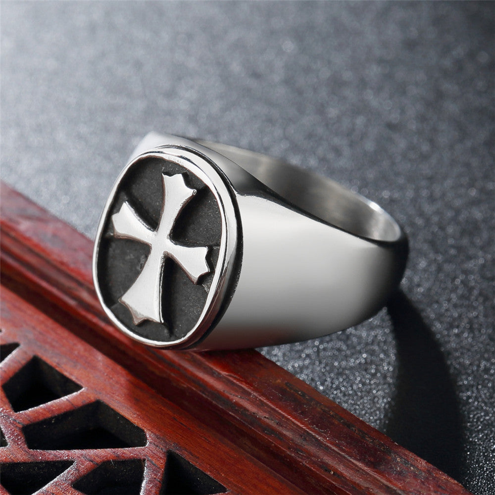 Knights Templar Commandery Ring - Silver With Cross Titanium Steel - Bricks Masons