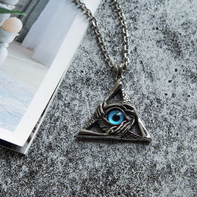 Eye Of Providence Necklace - Silver Stainless Steel Blue All Seeing Eye Pendant - Bricks Masons