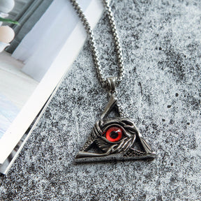Eye Of Providence Necklace - Silver Stainless Steel Red All Seeing Eye Pendant - Bricks Masons