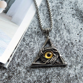 Eye Of Providence Necklace - Silver Stainless Steel Yellow All Seeing Eye Pendant - Bricks Masons