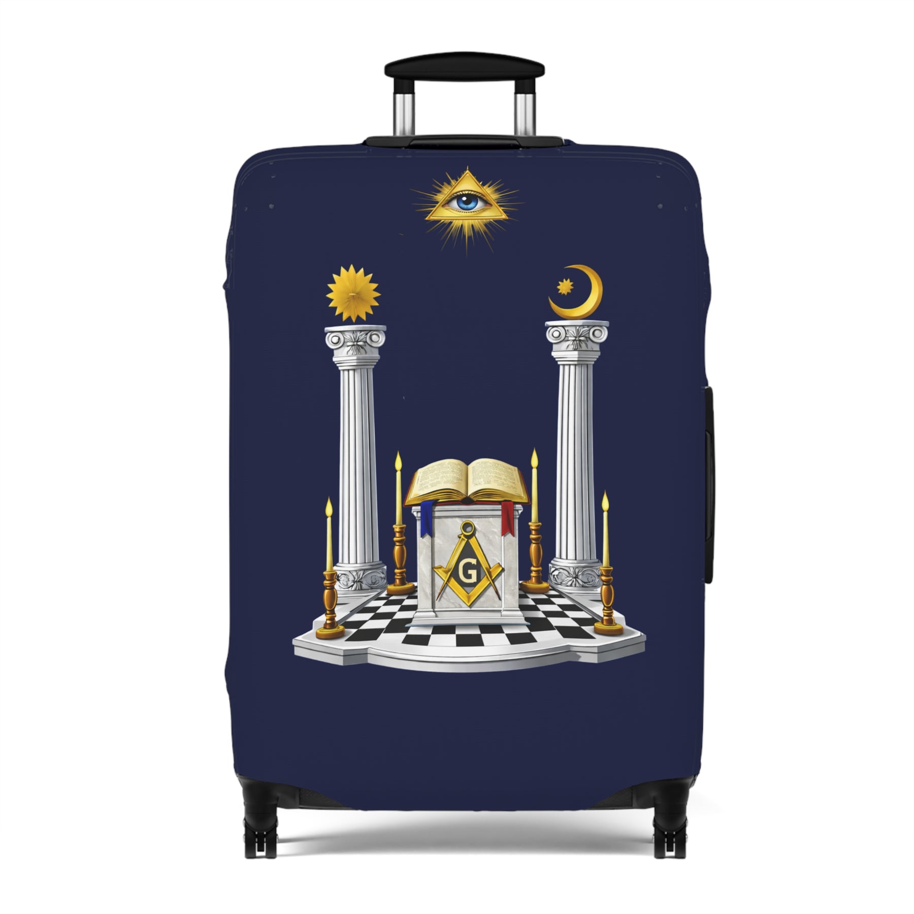 Master Mason Blue Lodge Luggage Cover - S&C G Altar Pillars & Eye On Checkered Floor