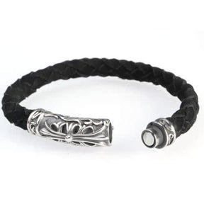 Knights Templar Commandery Bracelet - Silver & Black Leather Cross Bracelet With Magnetic Buckle - Bricks Masons