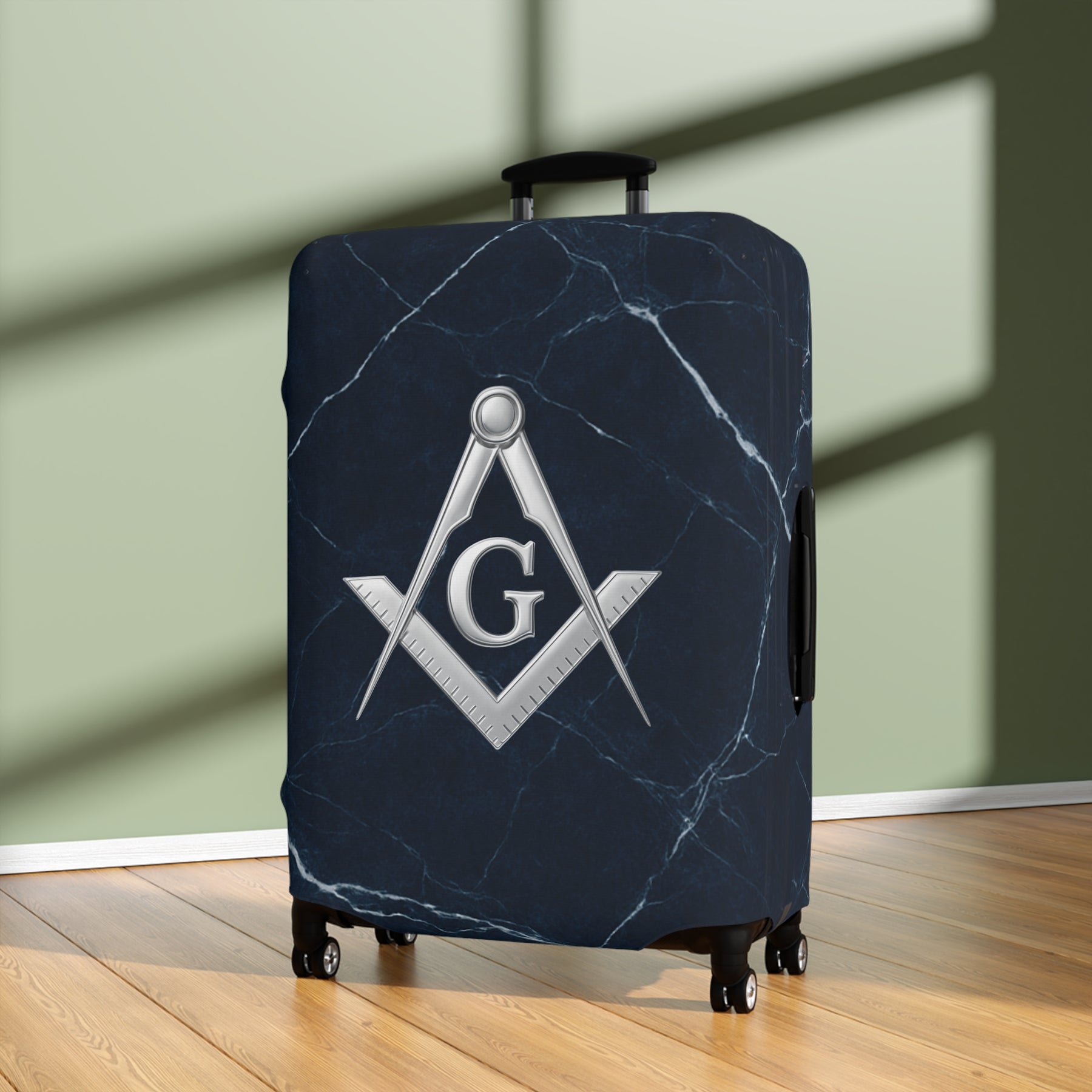 Master Mason Blue Lodge Luggage Cover - Silver Square & Compasses with G Emblem