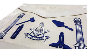 Past Master Blue Lodge Apron - Hand Embroidered Royal Blue & White Silk Thread.