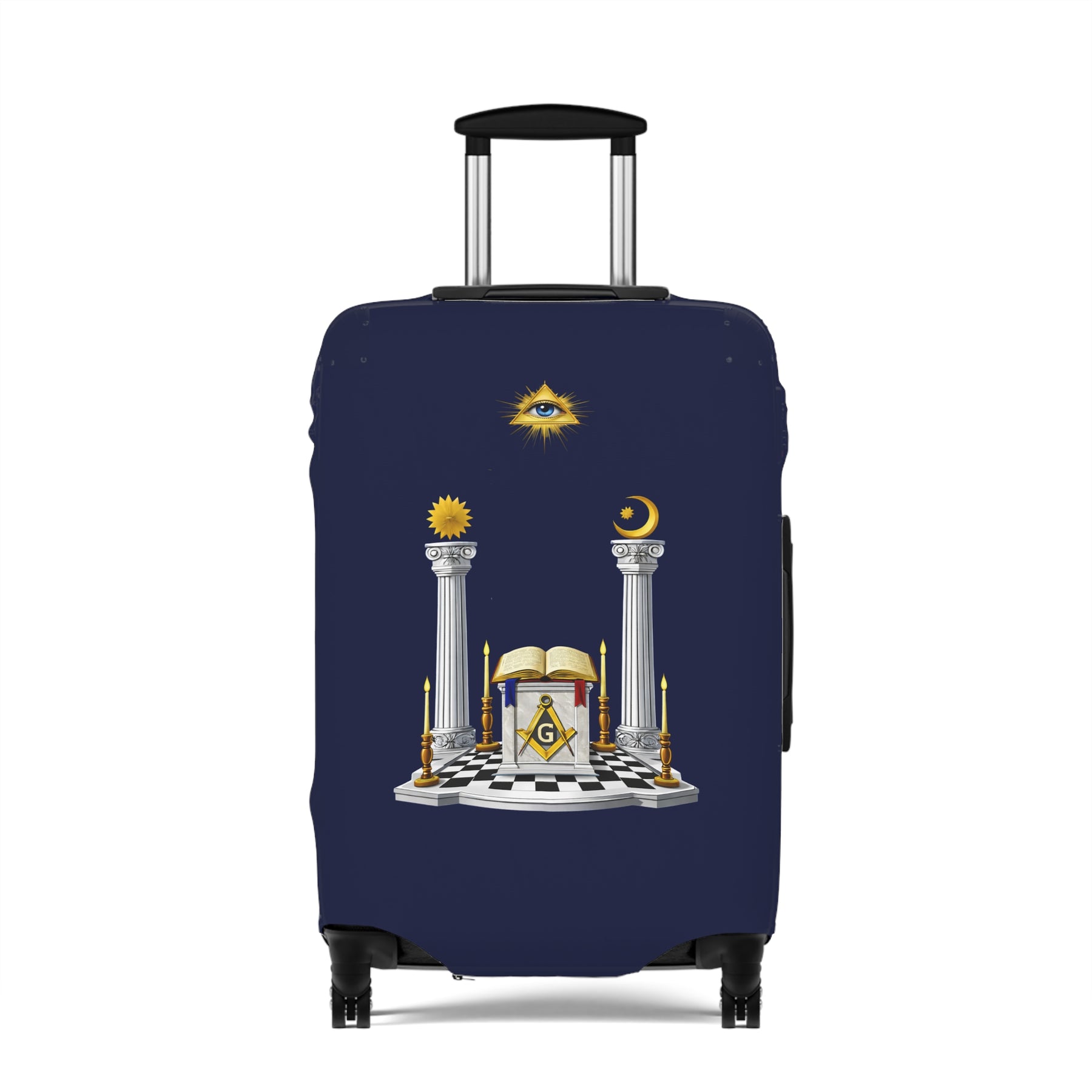 Master Mason Blue Lodge Luggage Cover - S&C G Altar Pillars & Eye On Checkered Floor