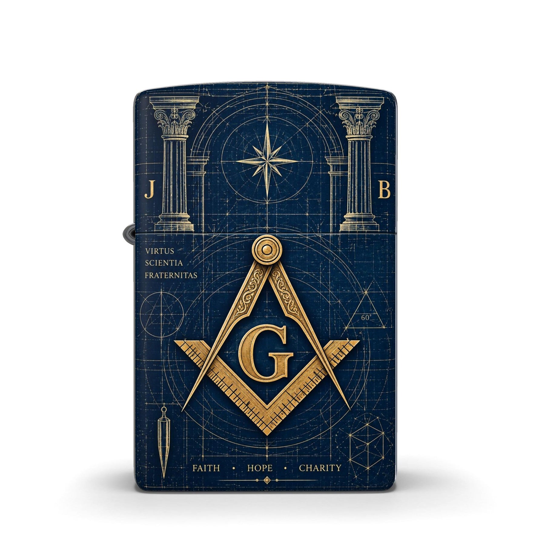 Master Mason Blue Lodge Lighter - Blue Matte Gold Square & Compass With Pillars Zippo®