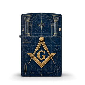 Master Mason Blue Lodge Lighter - Blue Matte Gold Square & Compass With Pillars Zippo®