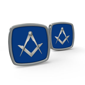 Master Mason Blue Lodge Cufflinks - Polished Silver Royal Blue Square And Compass