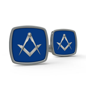 Master Mason Blue Lodge Cufflinks - Polished Silver Royal Blue Square And Compass