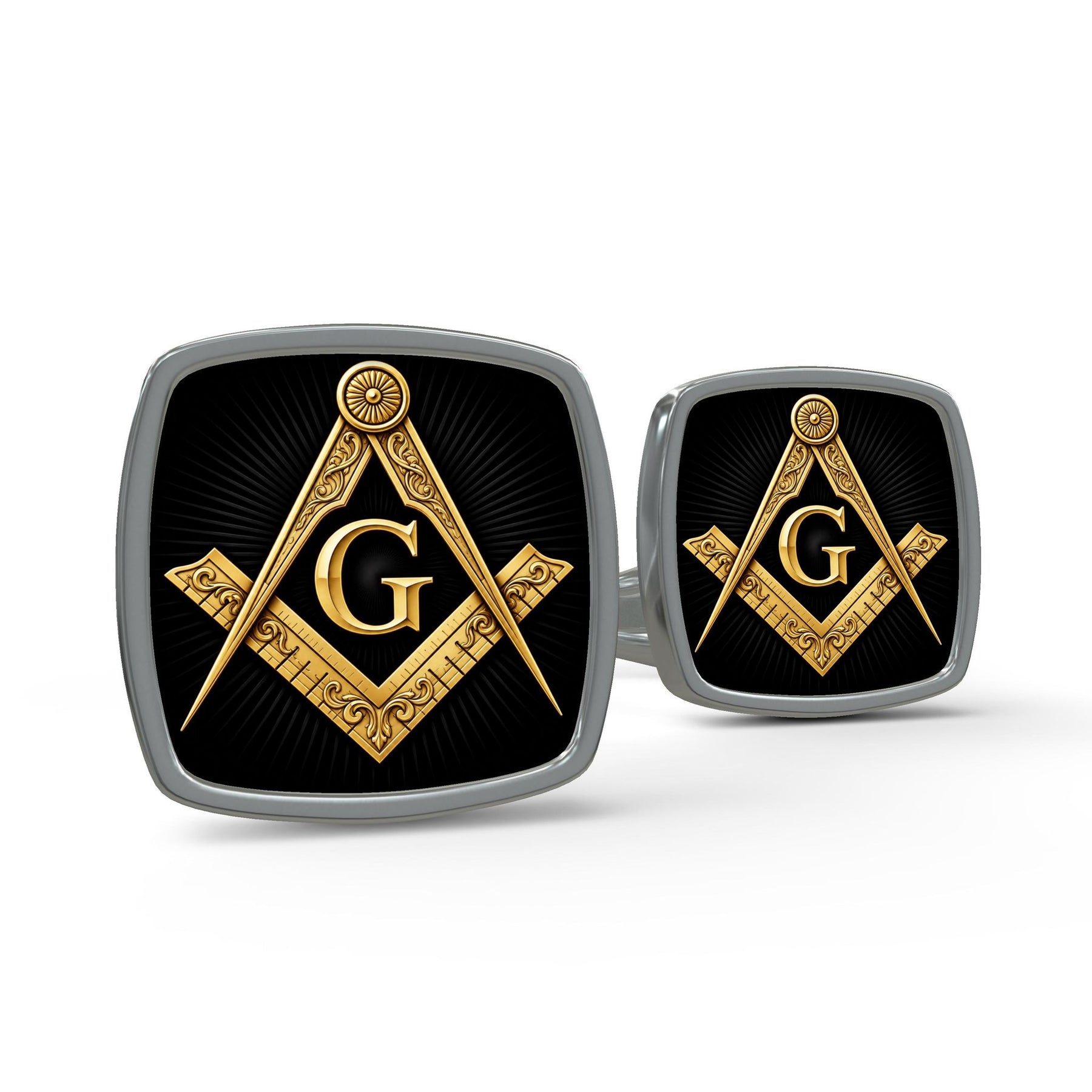 Master Mason Blue Lodge Cufflinks - Polished Silver With Gold Detailed Square & Compass G