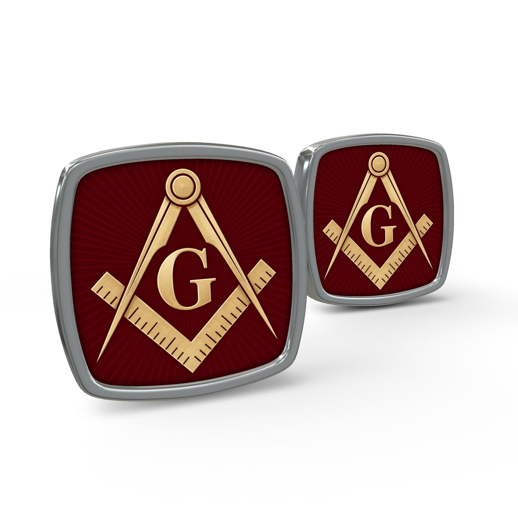 Master Mason Blue Lodge Cufflinks - Red With Gold Square & Compass G Polished Silver