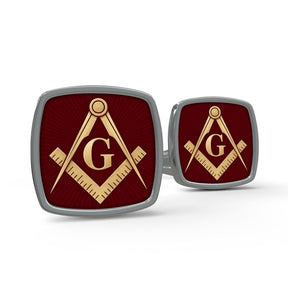 Master Mason Blue Lodge Cufflinks - Red With Gold Square & Compass G Polished Silver