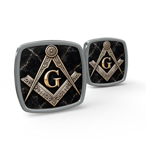 Master Mason Blue Lodge Cufflinks - Black Marble With Antique Square & Compass G