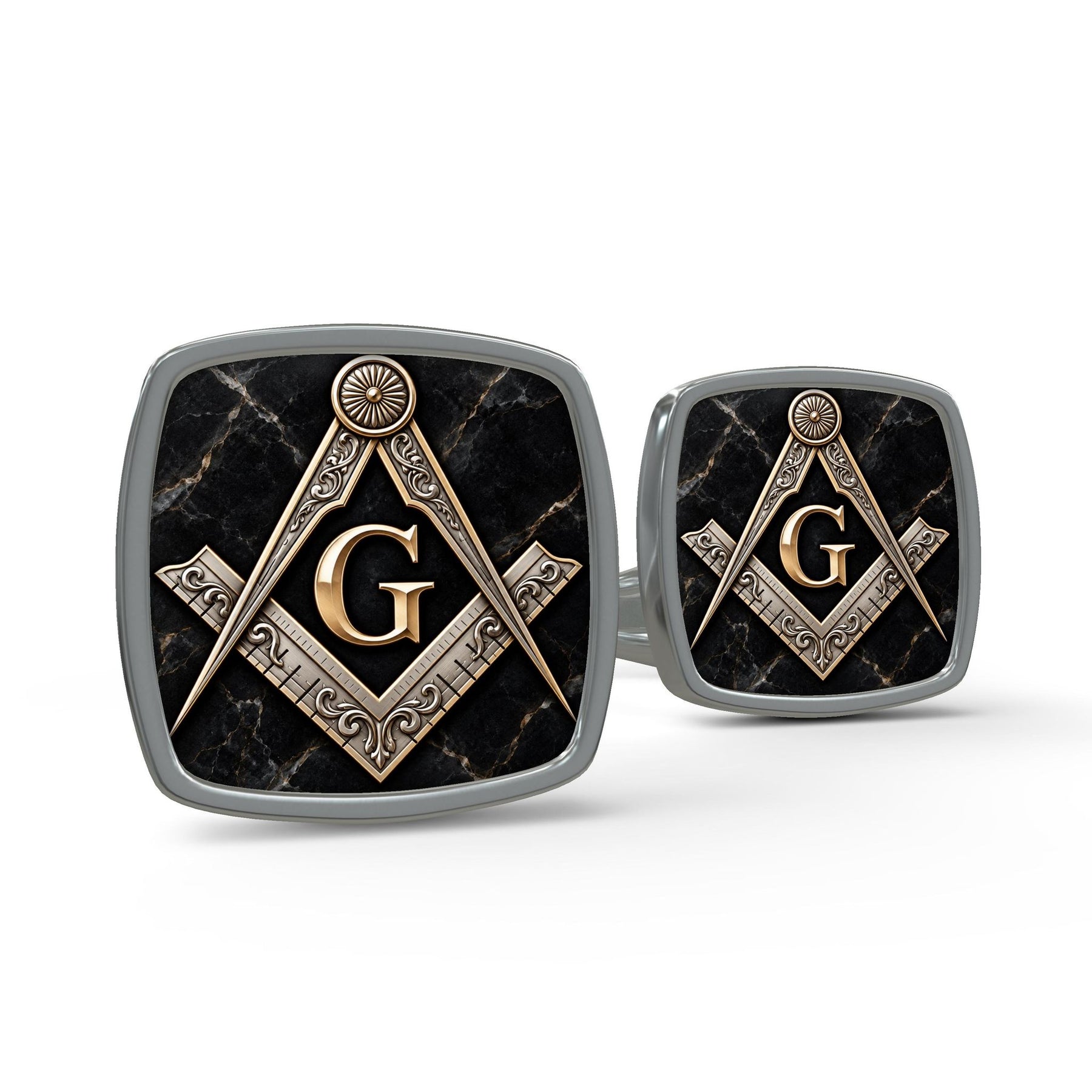 Master Mason Blue Lodge Cufflinks - Black Marble With Antique Square & Compass G