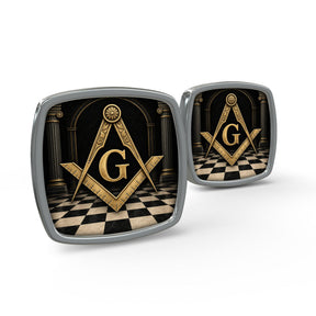 Master Mason Blue Lodge Cufflinks - Checkered Lodge Floor Gold Square And Compass G