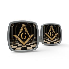 Master Mason Blue Lodge Cufflinks - Checkered Lodge Floor Gold Square And Compass G
