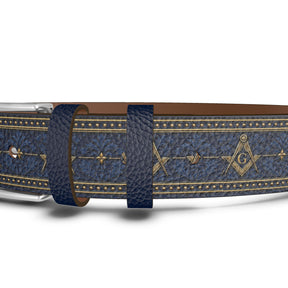 Master Mason Blue Lodge Belt - Blue Genuine Leather With Gold Square & Compass G