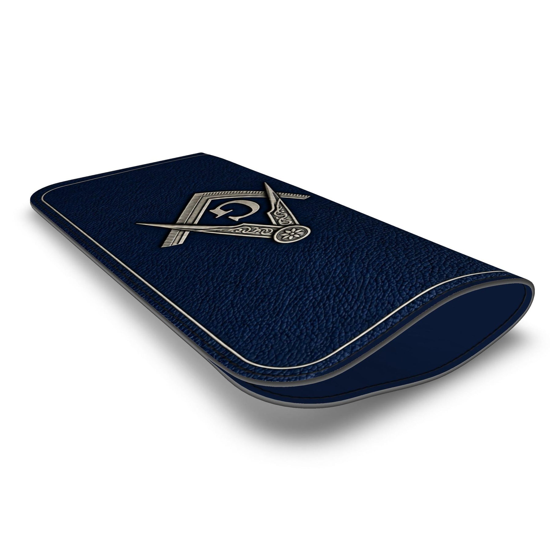 Master Mason Blue Lodge Glasses Case - Blue Nappa Leather With Silver Square & Compass G