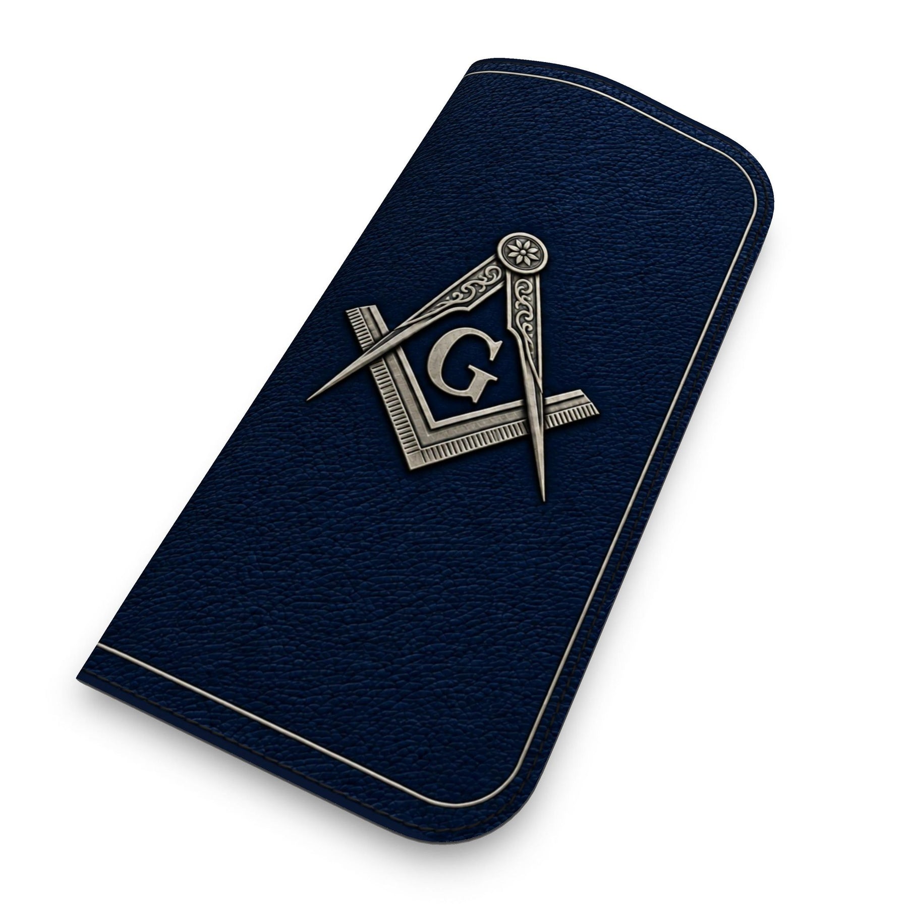 Master Mason Blue Lodge Glasses Case - Blue Nappa Leather With Silver Square & Compass G