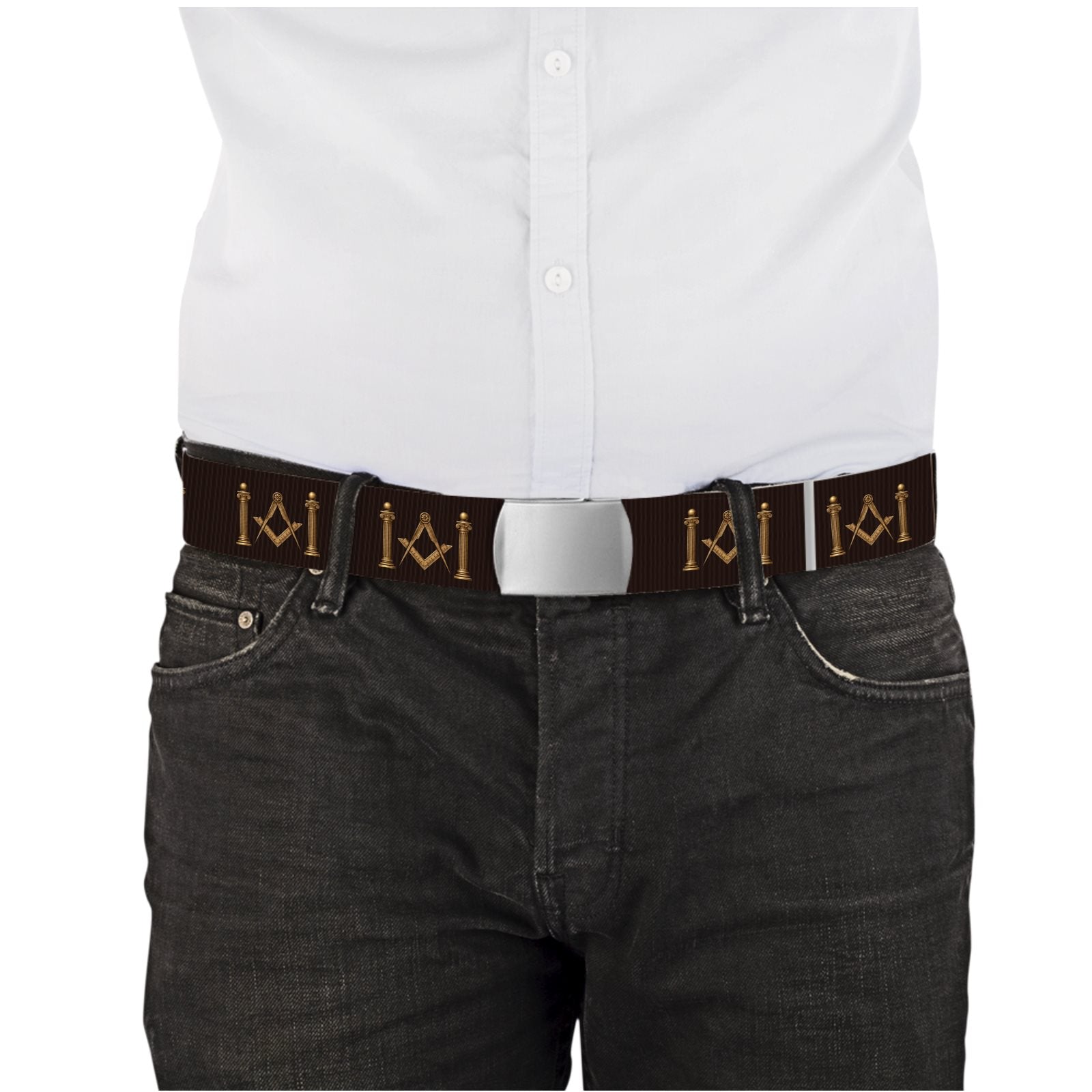 Master Mason Blue Lodge Belt - Brown Webbing With Gold Square & Compass With Pillars