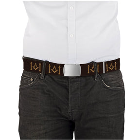 Master Mason Blue Lodge Belt - Brown Webbing With Gold Square & Compass With Pillars