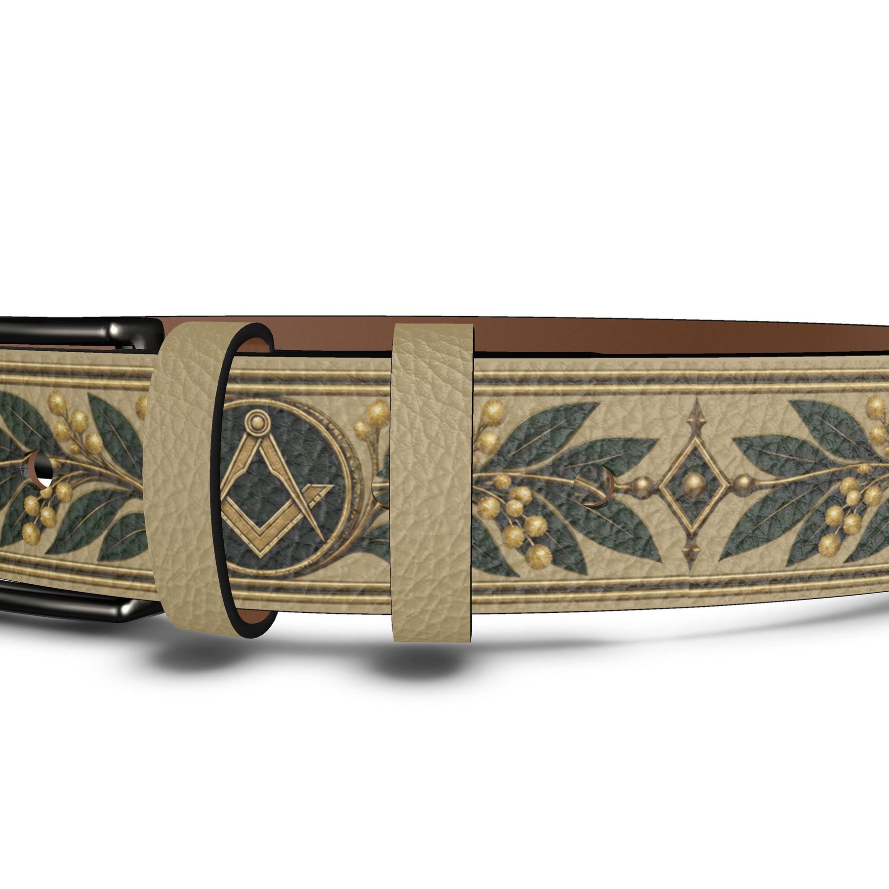 Master Mason Blue Lodge Belt - Premium Leather Gold Square & Compass With Green Acacia Leaves