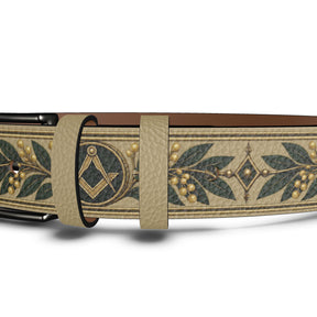 Master Mason Blue Lodge Belt - Premium Leather Gold Square & Compass With Green Acacia Leaves