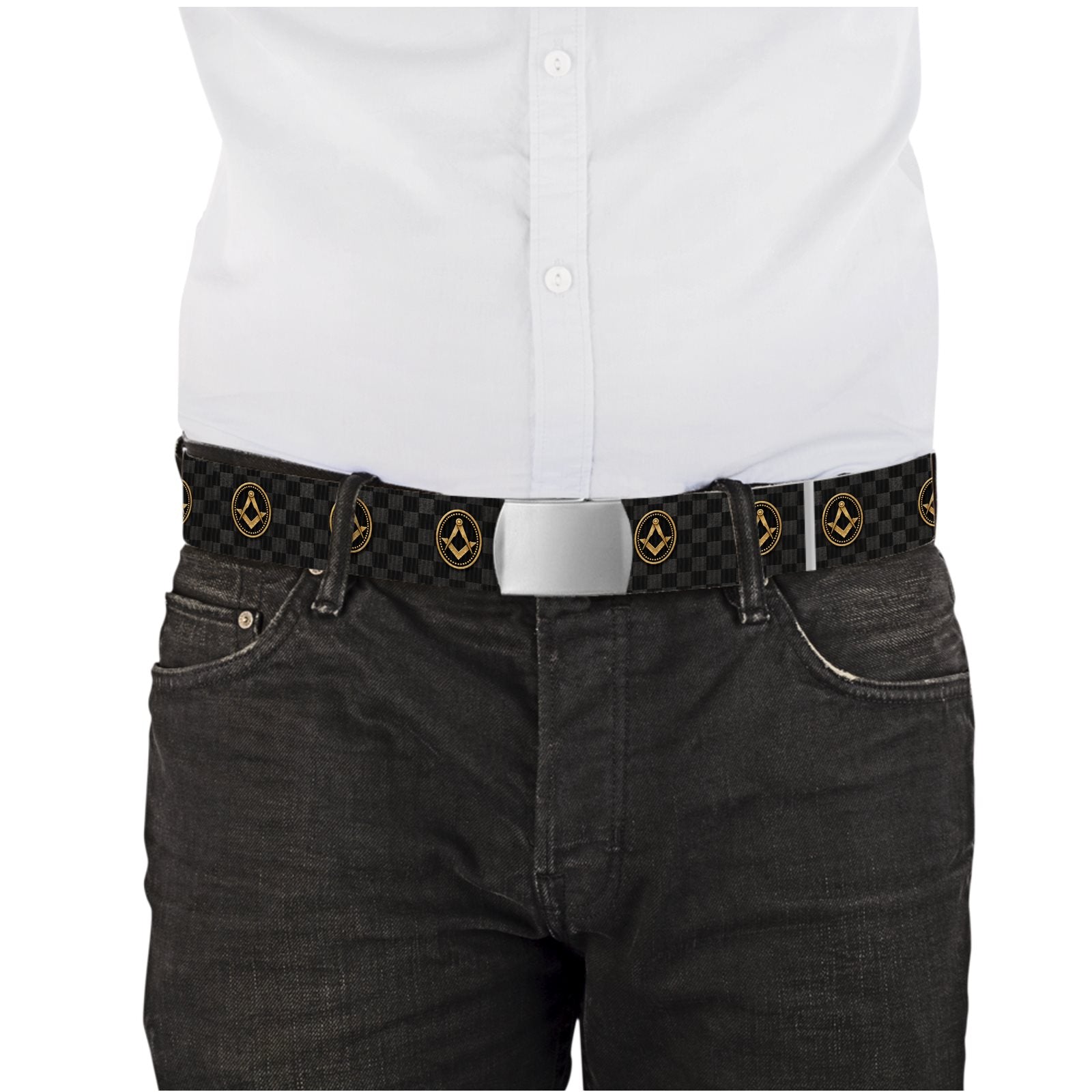 Master Mason Blue Lodge Belt - Black Webbing Checkered Floor With Square & Compass