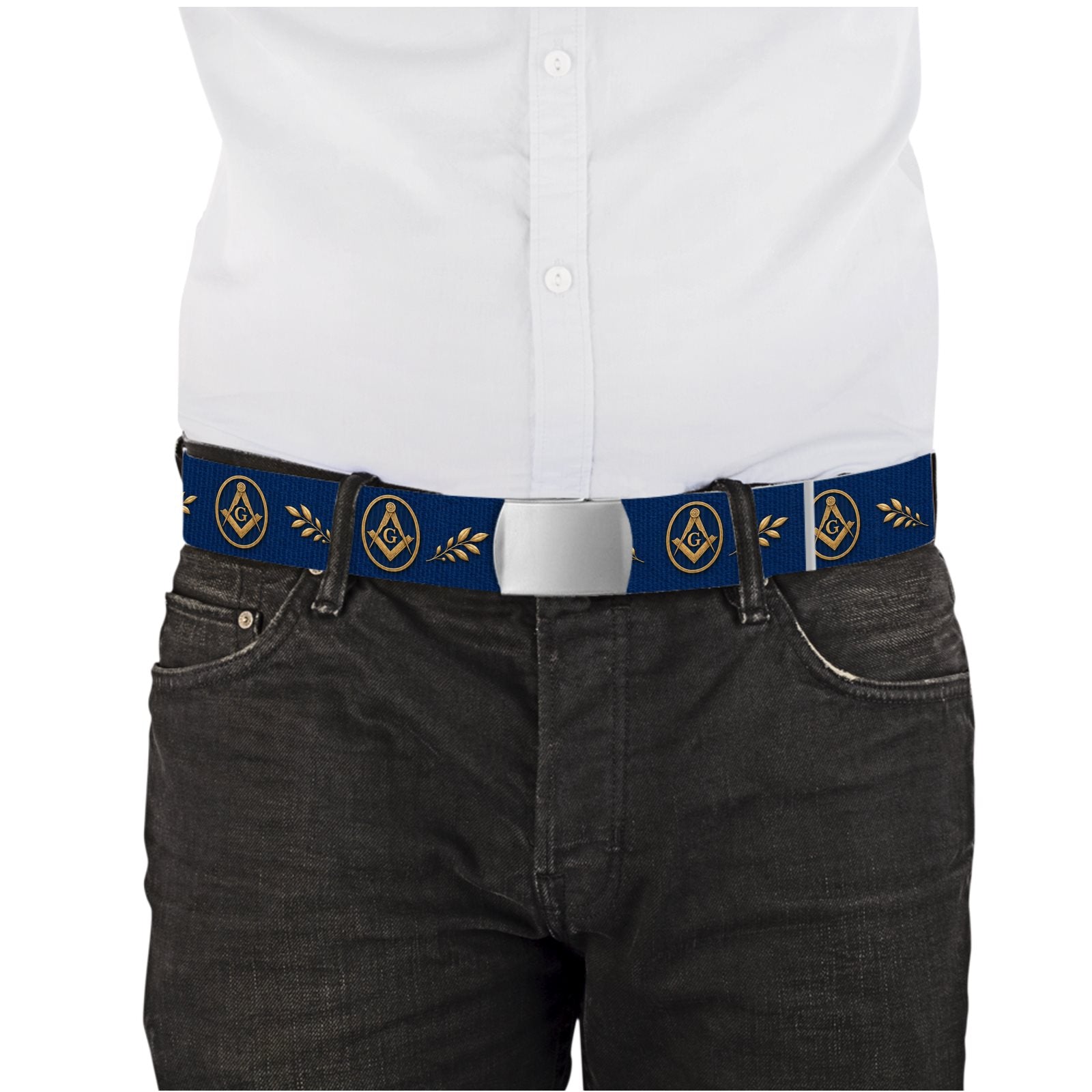 Master Mason Blue Lodge Belt - Blue Webbing With Gold Square & Compass Acacia Leaves