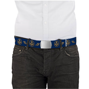 Master Mason Blue Lodge Belt - Blue Webbing With Gold Square & Compass Acacia Leaves